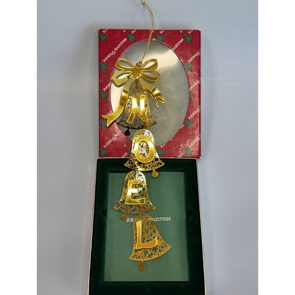 Reed & Barton Noel Bells Ornament Gold Tone Filigree Dangling Letters 8 Inch Box - Picture 1 of 8